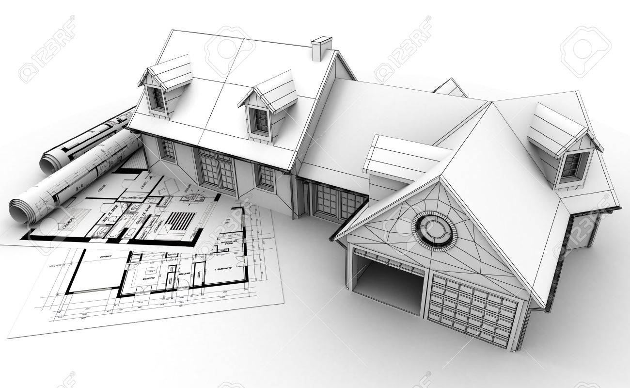 39687899-3d-rendering-of-a-house-project-on-top-of-blueprints-showing-different-design-stages